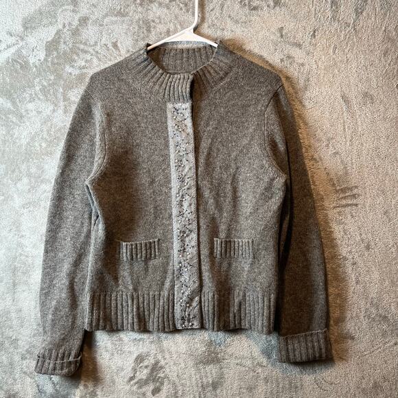 Garnet Hill Women's 100% Lambswool Cardigan Medium Grey Mock Neck Beading Medium - Picture 1 of 5